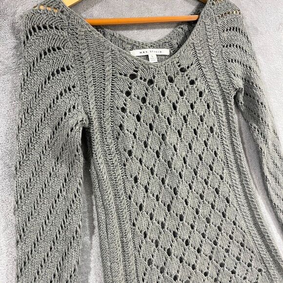 Max Studio Womens Open Knit Sweater Sz Large Grey V-neck Long Sleeve Wool Blend - Picture 3 of 11